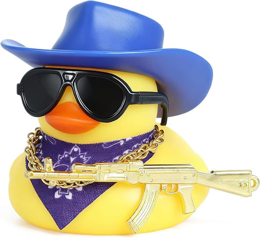 Cowboy Rubber Duck Car Ornaments with Gold Gun, Bandana, Cowboy Hat, Sunglasses, Necklace, Squeaky Car Dashboard Decor for Vehicles, Office, Home, Cool Accessories(Blue Hat)