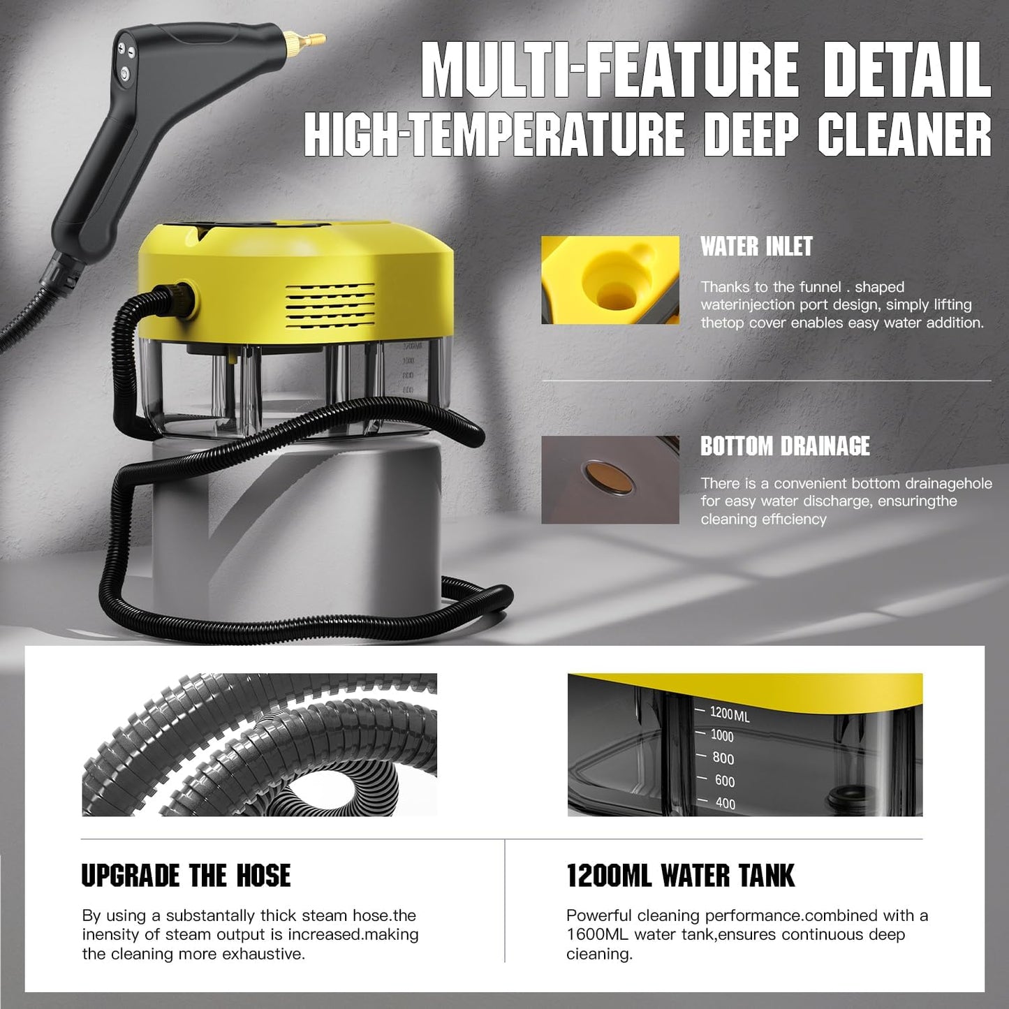 Handheld Steam Cleaner for Home＆Kitchen, 212°F High Temperature, 1200ML Tank, Portable Steam Cleaner for Car Carpet Detailing Window Floor Couch Grease Tile, Pressurized Steamer for Cleaning