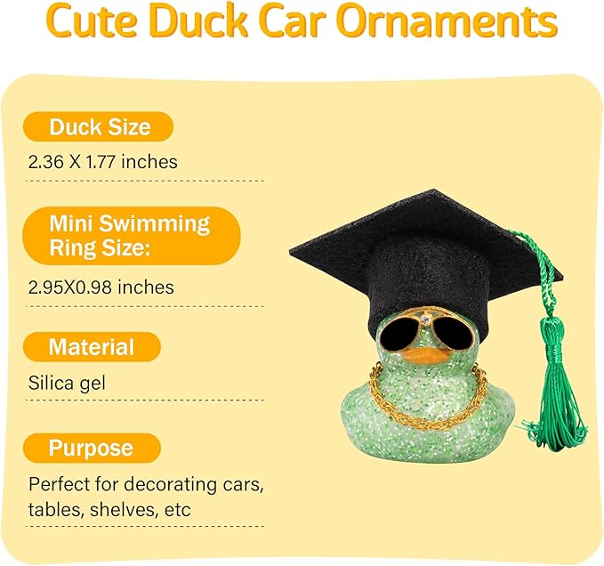 wonuu Car Dashboard Decor Graduation Hat Color Rubber Duck, Car Ducks Ornaments with Mini Graduation Hat Necklace Sunglasses (Light Green)