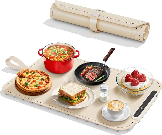 Warming Mat for Food - Electric Warming Tray, Full Surface Rapid Heating Food Warmer Mat with 6 Temperature Settings, Silicone Heating Pad, Great Gift for Women (Beige, X Large Size: 24"x15")