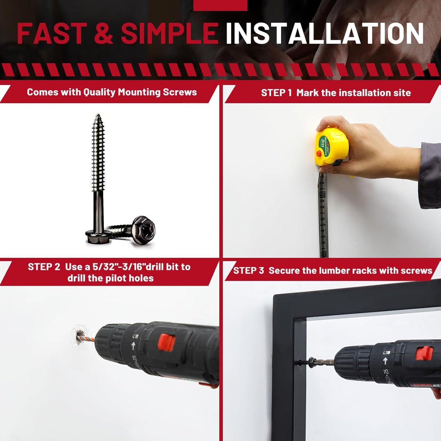 YYR Wood Organizer and Lumber Storage Rack Wall Mount, Heavy Duty Metal Shelf with 4-Level Holds Up 800 LBS, Indoor & Outdoor Use - Black