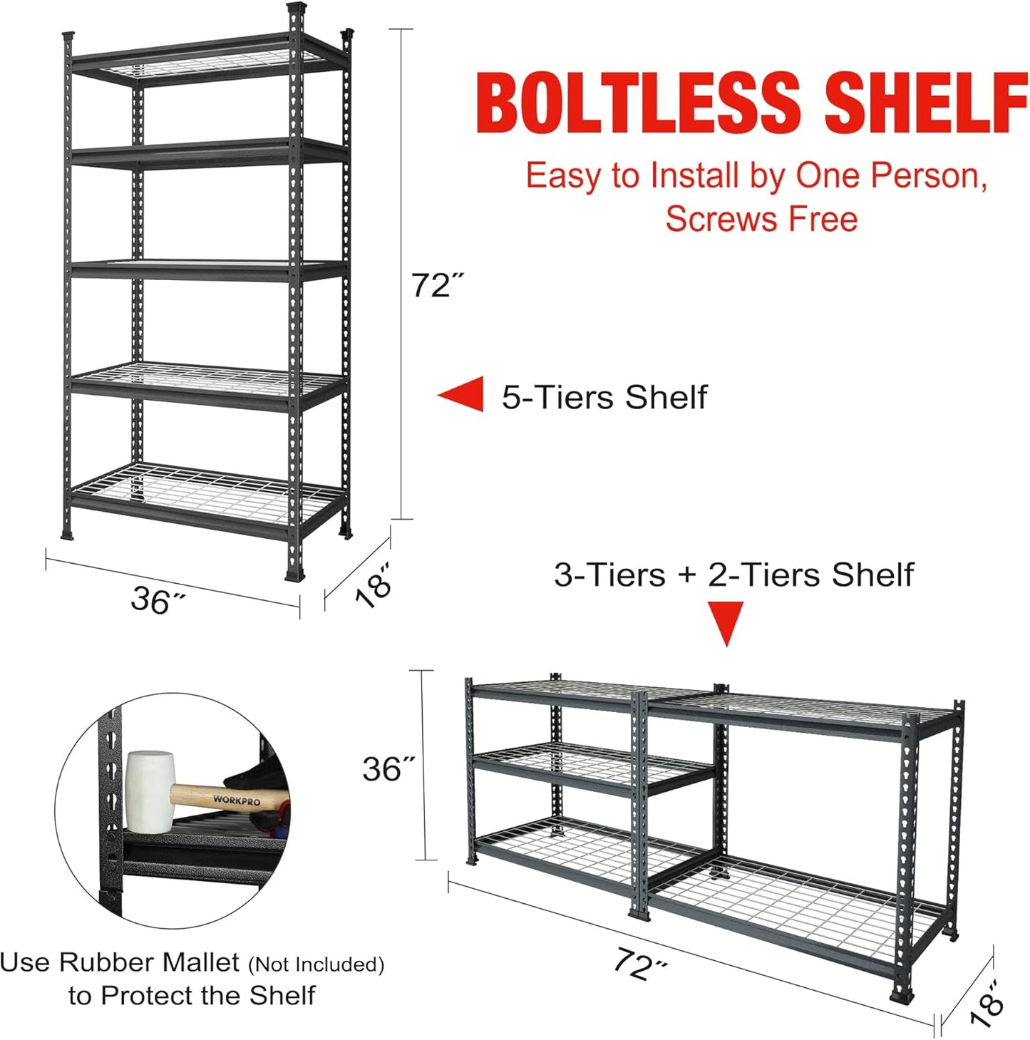WORKPRO 5-Tier Metal Garage Shelving Unit, 36”W x 18”D x 72”H Storage Shelves, Adjustable Storage Rack Heavy Duty Shelf, 4000 lbs Load Capacity (Total), for Garage, Kitchen, Bathroom, Warehouse