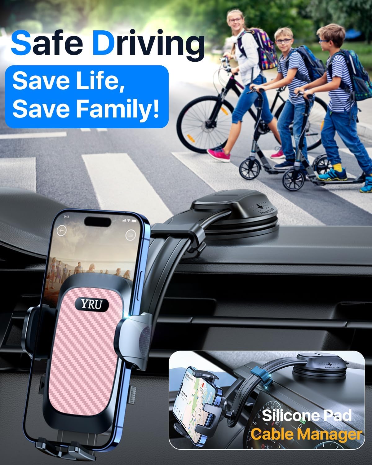 YRU [2025 Ultimate Car Phone Holder [Bendable & Adjustable Aluminum Arm] Cell Phone Automobile Cradles Dashboard Windshield Pickup Truck Phone Mount for iPhone 16 15 14 13 Pro Max Samsung, Pink