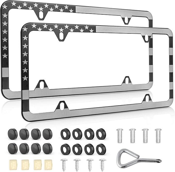 RED WOLF American USA Flag License Plate Frame Stainless Steel Holder Front Rear Auto Tag US Stars & Stripes Slim Edge for Patriotic, 4 Holes Mount W/Screw Accessories Caps 2 PCS
