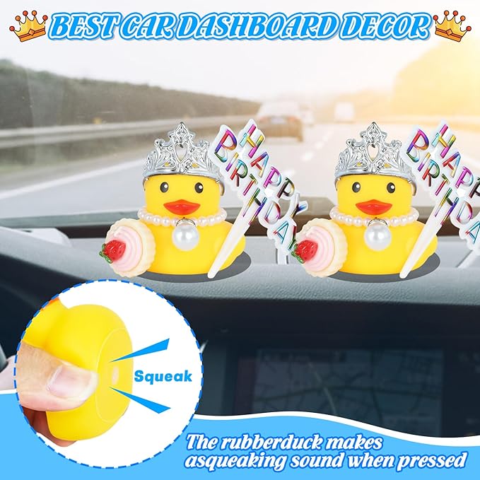 Rubber Duck Birthday Party Favors, DIY Cake Topper with Crown, Pearl & Cupcake Accessories, Duck Decor for Kids, Car Dashboard