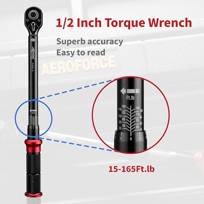 AEROFORCE 1/2-Inch Drive Torque Wrench（15-165 lb.ft / 20.4-224.4 Nm),72 Tooth Dual Direction Reversible Ratchet, Dual Range Scales, Precision Calibrated for Bike, Motorcycle and Car Repair