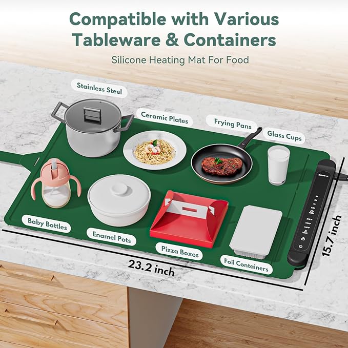 Food Warming Mat Electric Tray: Adjustable Silicone Heating Pad with 3 Temperature Settings 4 Timer Function Portable Roll Up Hot Plate for Buffets Party Gatherings Kitchen Warmer Countertop Green