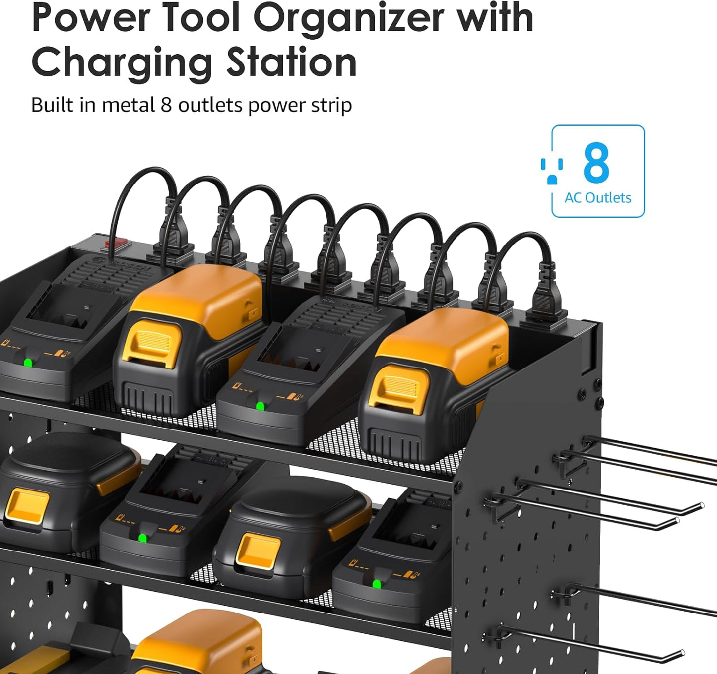 CCCEI Modular Power Tool Organizer with Charging Station. 4 Layer Wall Mount Drills Holder, Tool Battery Charger Organizer. Garage Shop Storage Utility Shelf with 10FT Power Strip, Gift for Men.