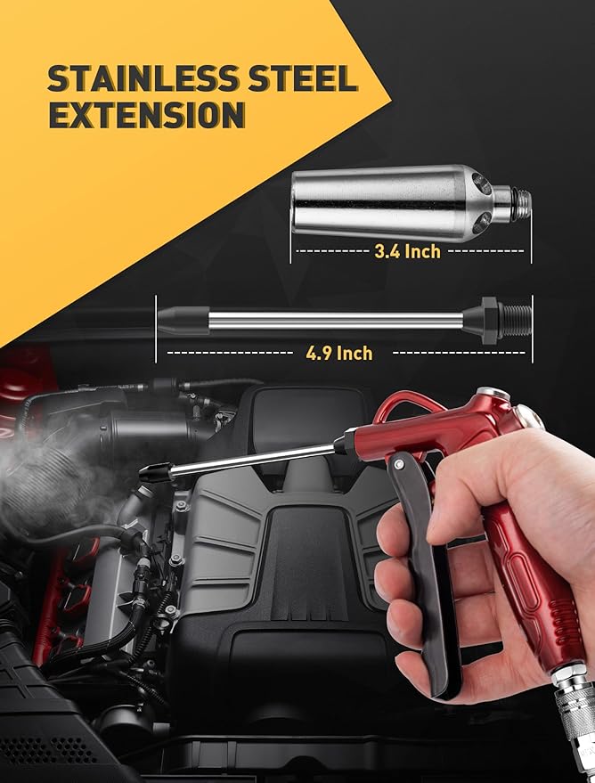 High Volume Air Blow Gun with Powerful Flow Nozzle, Retro Red Air Nozzle Blower Gun with 4.9" Stainless Steel Extension & 1/4'' Standard Quick Plug, Pneumatic Tool for Air Compressor Accessories