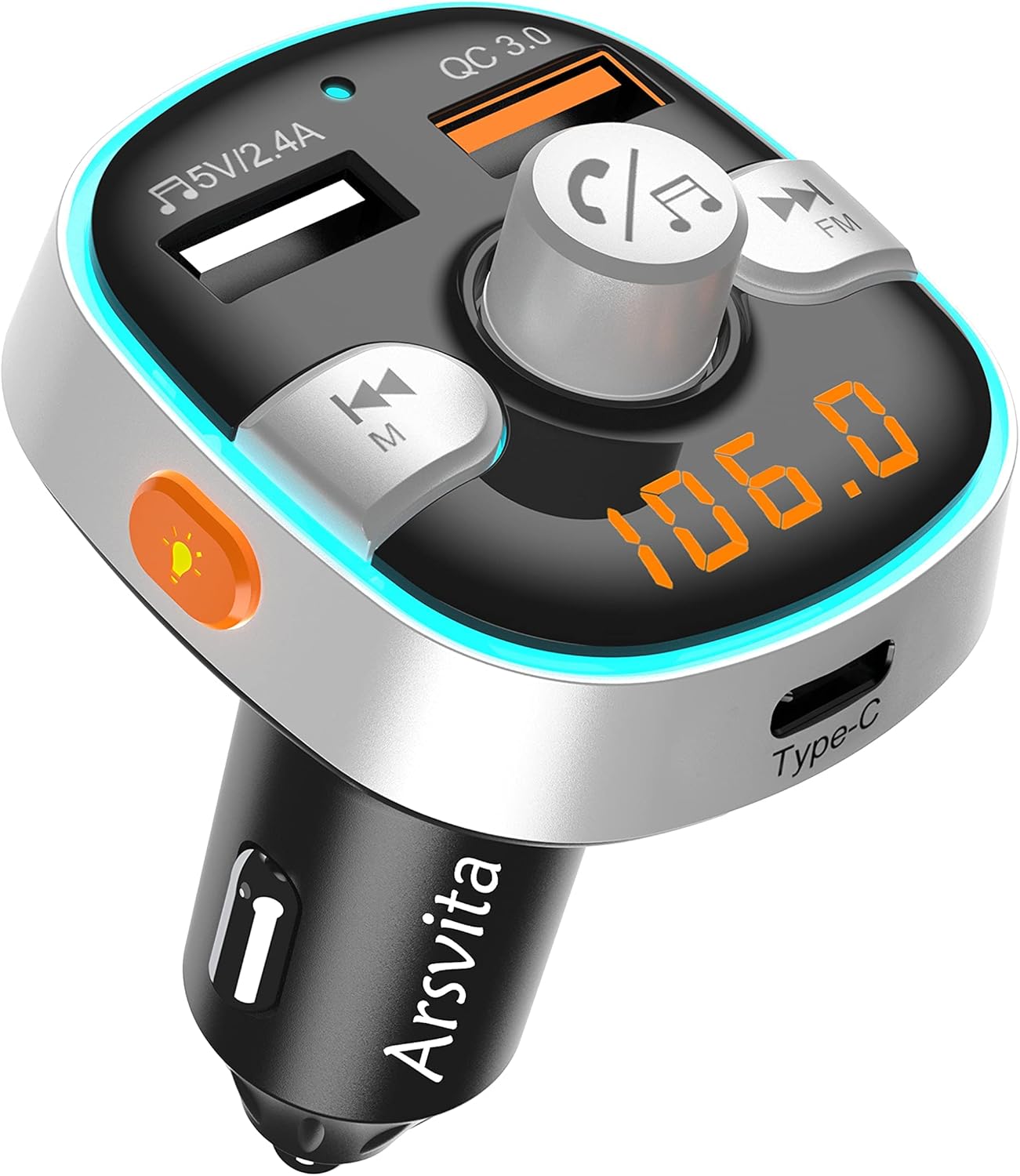 Arsvita Bluetooth FM Transmitter for Car, Radio Receiver/Audio Adapter with Type-C PD Charger, Support QC3.0 Quick Charging, Hands-Free Calling and Hi-Fi Sound Playback, Silver