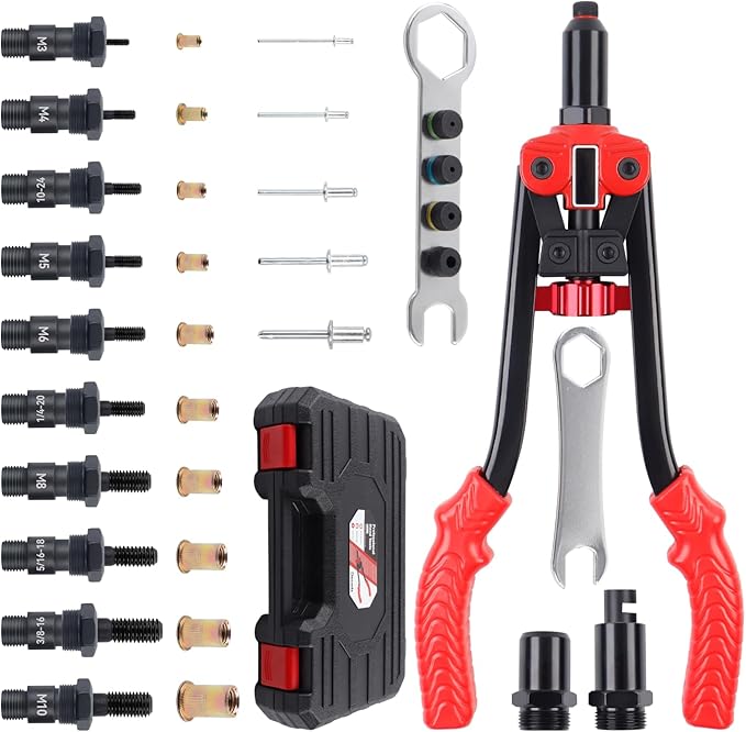 3-in-1 Rivet Nut Tool, Hand Rivet Gun, Reamer Set, Rivnut Tool Kit with 6 Metric & 4 SAE Mandrels, 5 Rivet Heads, 111 Rivet Nuts, 83 Rivets, Carrying Case, Riveter for Car, Home, DIY Projects