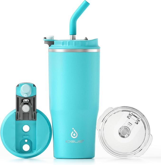 Ideus Insulated Tumbler with Lid and Straw 24 oz, Stainless Steel Double-Wall Vacuum Leak-Proof Travel Coffee Mug, Cup Holder Friendly, Sky Blue