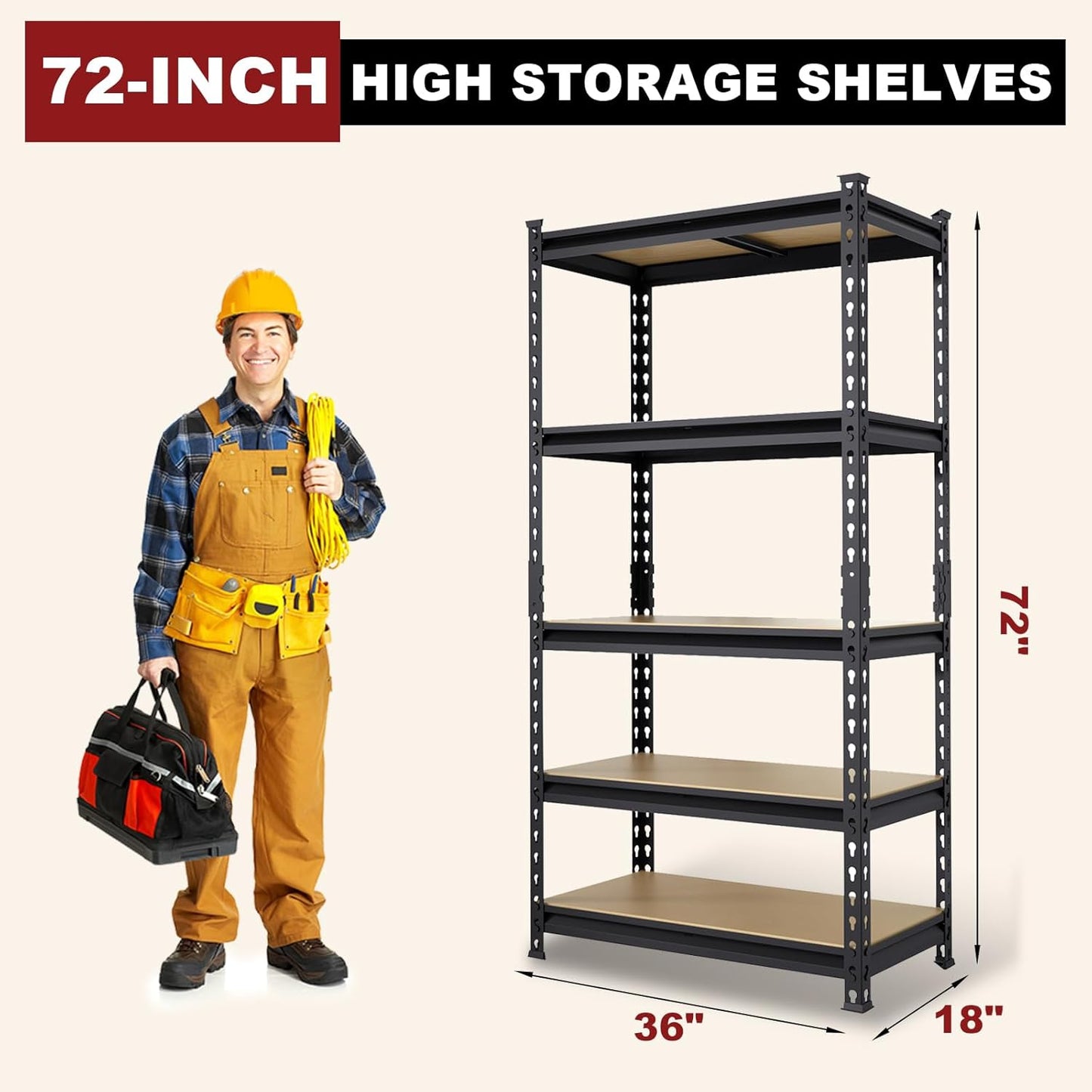 BIG RED 5 Tier Heavy Duty Garage Storage Shelving: Adjustable Metal Utility Shelving Rack for Garage, Basement, Pantry, Closet - 2,000lb Capacity (72"x36"x18") Black