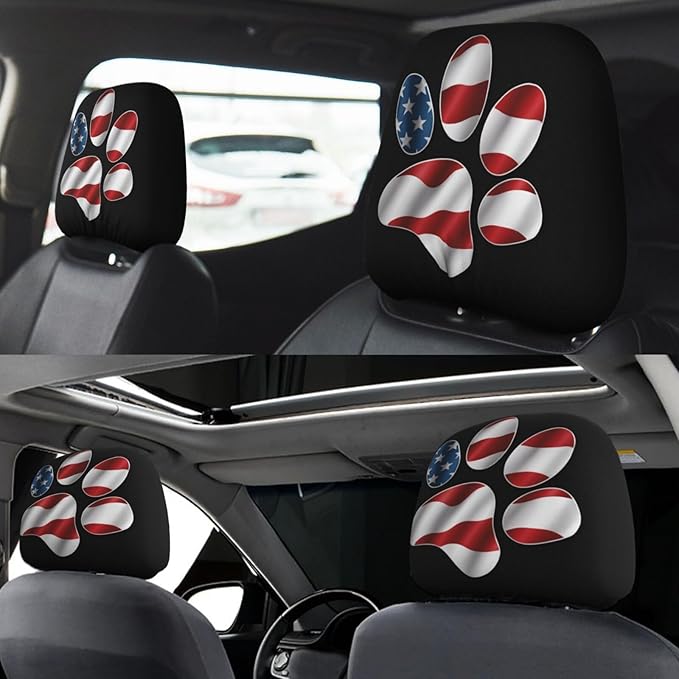 Dujiea 2 Pack USA Paw America Flag Car Headrest Covers, Universal Soft Car Seat Head Rest Cover Protector, Vehicle Accessories Fabric Headrest Cover for Cars Vans Trucks