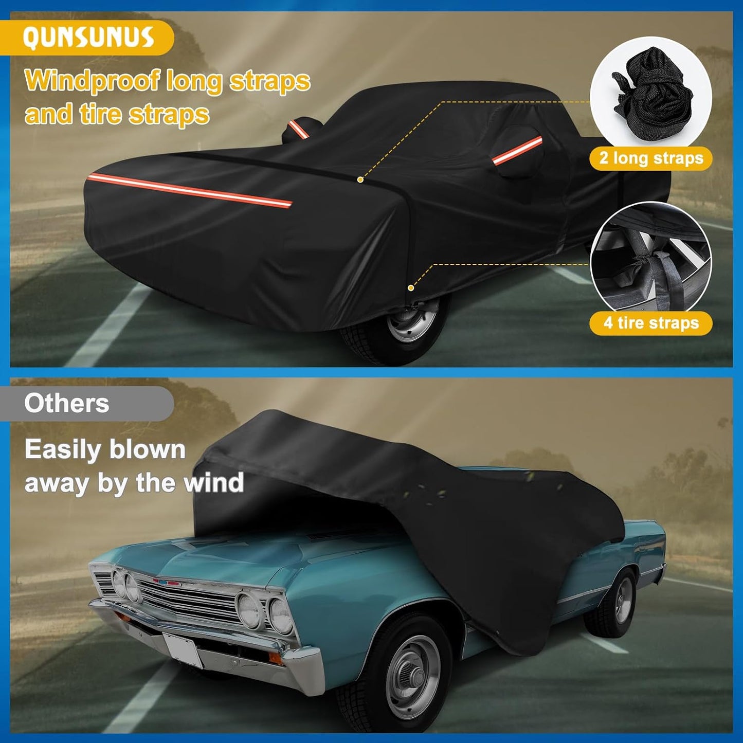 QUNSUNUS Waterproof Car Cover for Chevrolet El Camino 1964-1967/1978-1987, Outdoor Car Cover with Zipper, Full Exterior Car Covers for Automobiles All Weather with Wind, Sun, UV and Dust Protection