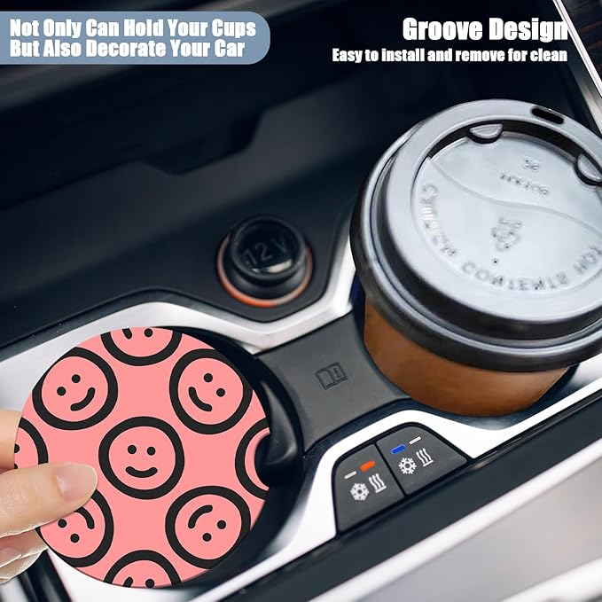 Car Cup Holder Coaster - Smiley Face Absorbent Ceramic Coaster 2 Pack, Car Coasters for Cup Holders, Fashion Car Interior Accessories Drink Coaster for Women & Men