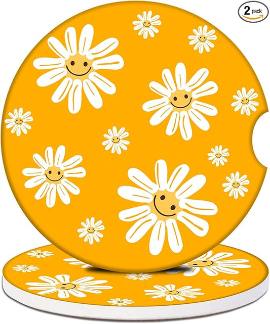 Car Cup Holder Coaster - Groovy White Sunflower Smiley Face Absorbent Ceramic Coaster,Yellow Drink Cup Holder Coasters, Auto Interior Accessories, Drink Cup Holder Coasters for Women & Men Pack of 2