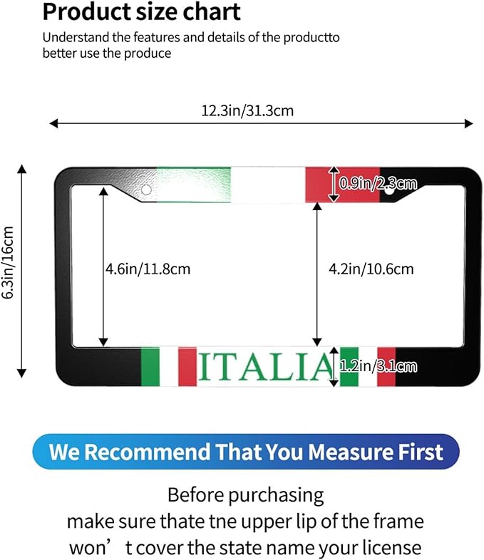 Italian Flag License Plate Frame - 1 Pack Aluminum Metal License Plates Italy License Plate Holder Novelty Auto Car Tag Universal USA Car Accessories with 2 Holes