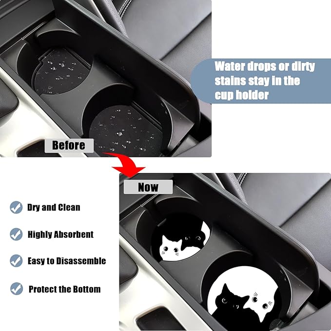 Car Cup Holder Coaster -Black White Cat Absorbent Ceramic Coaster, Car Coasters for Cup Holders, Auto Accessories for Women & Men, Pack of 2