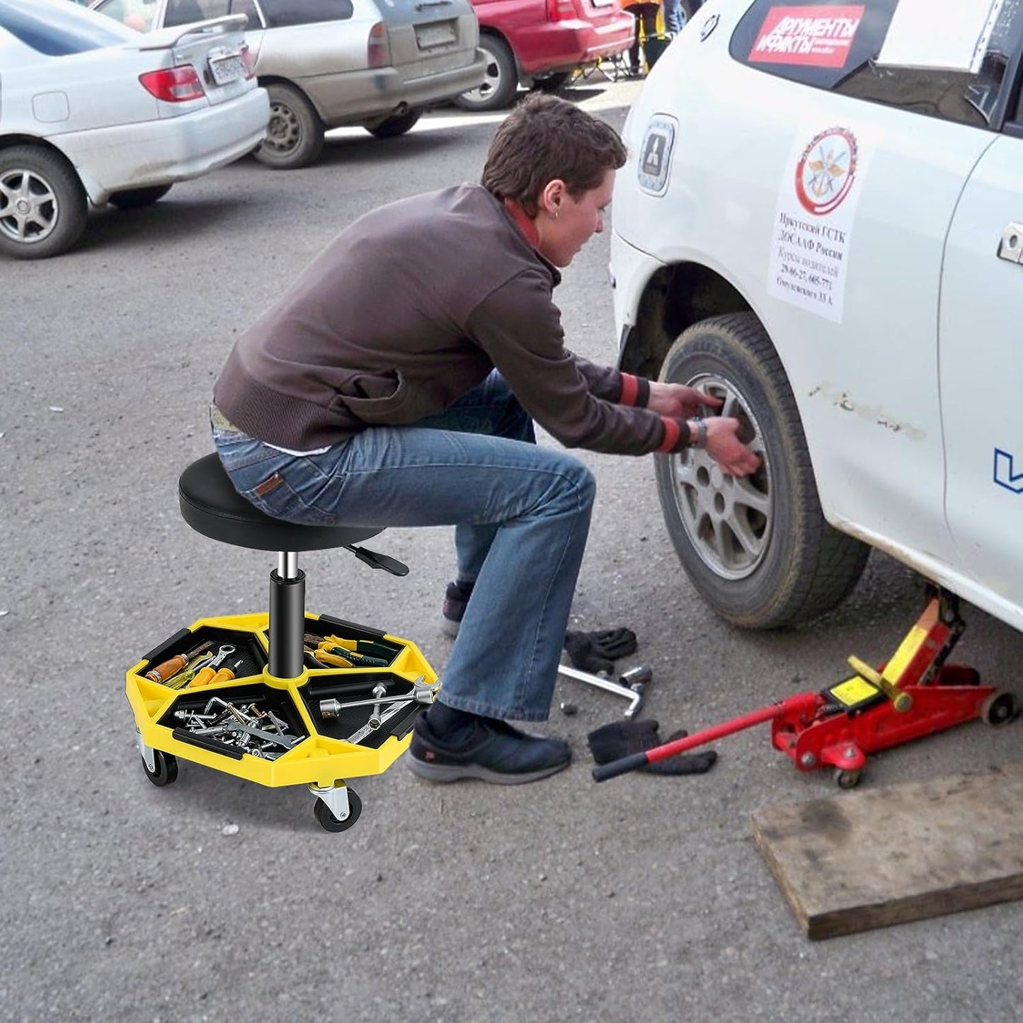 Adjustable Mechanic Rolling Stool, Pneumatic Rolling Stool with Wheels, Tool Storage Tray & Padded Seat Cushion, Garage Stool Chairs Creeper Seat (Yellow)