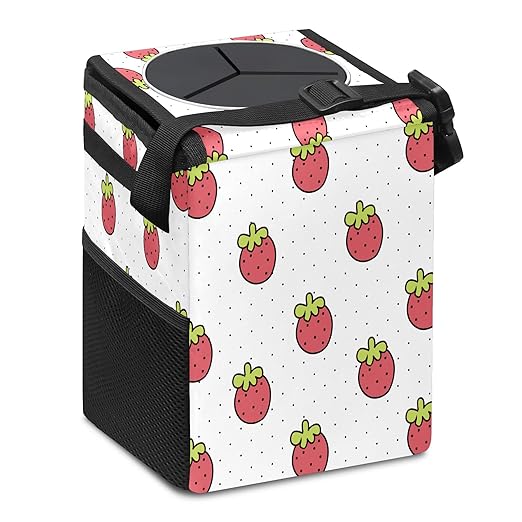 Car Trash Can Lovely Strawberry Auto Garbage Bag Car Trash Can with Lid Leak-Proof Car Storage Bag Garbage Bag Hanging for Headrest Collapsible and Portable with Storage Mesh Pocket