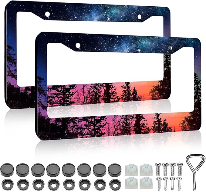 Galaxy Forest License Plate Frame - 2 PCS Colorful Galaxy Starry Sky Aluminum Metal Funny License Plate Frames Holder Covers, Rust-Proof Waterproof Car Decorative Tag Frames for Standard Us 12x6 Inch