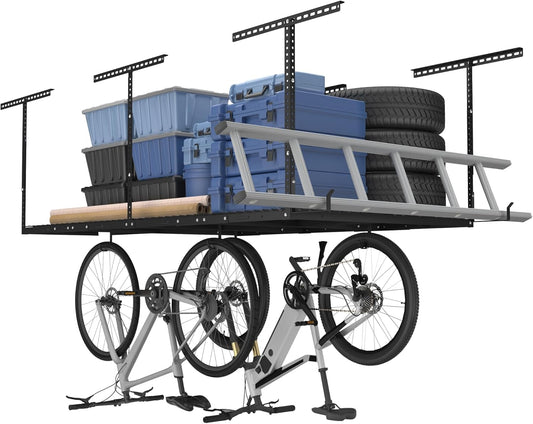 FLEXIMOUNTS 4x8 Overhead Metal Garage Storage Rack w/Hooks Adjustable Ceiling Storage Rack, 96" Length x 48" Width x 40" Height, 22''-40" Ceiling Dropdown, Black