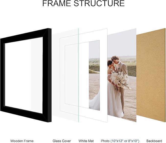 10x12 Picture Frame Set of 4, Made of Real Glass and Black Frame - Display Picture 8x10 with Mat or 10x12 Without Mat, 10 by 12 Photo for Wall Mounting
