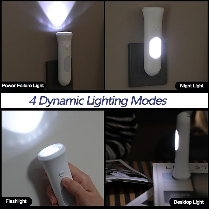 4 in 1 Emergency Lights for Home Power Failure, 2 Pcs Rechargeable LED Flashlight Plug in Wall, Automatic Turn-On Power Outage Night Light Flashlight for Hurricane Preparedness Items