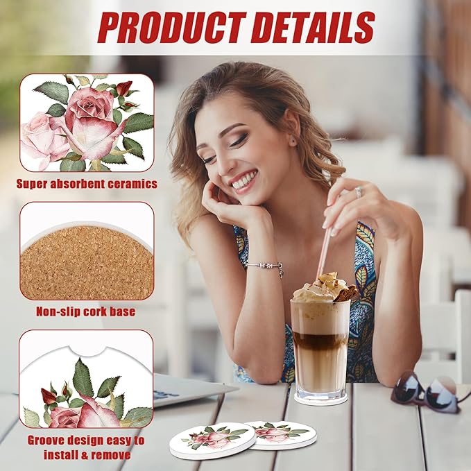 Watercolor Rose Car Coasters for Cup Holders, Vintage Floral Absorbent Ceramic Car Coaster Car Cup Holder Coaster Car Accessories for Women Men (2 Pack)
