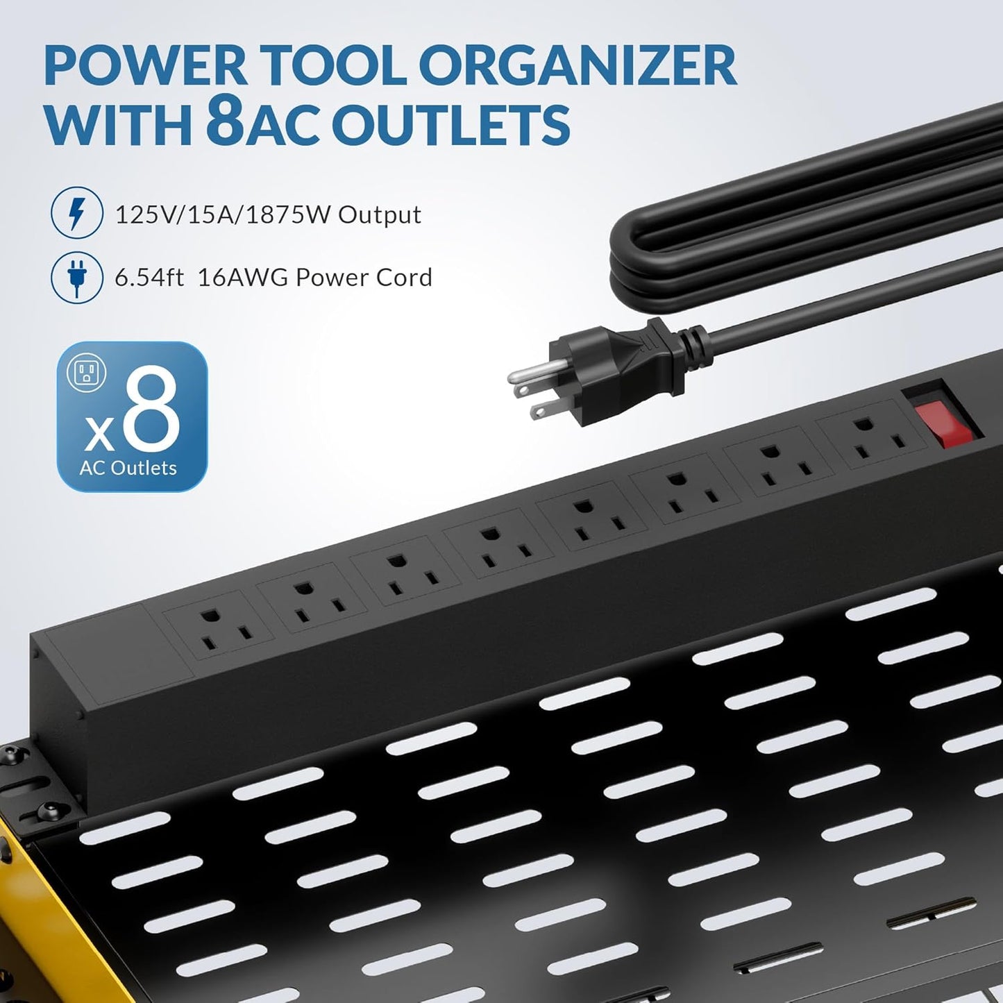 Power Tool Organizer with Charging Station, 4 Layers Garage Storage Rack with 6 Drill Holders, Father's Days Gift For Dad, Wall Mount Garage Organizer Built in 8 Outlets Power Strip, Yellow