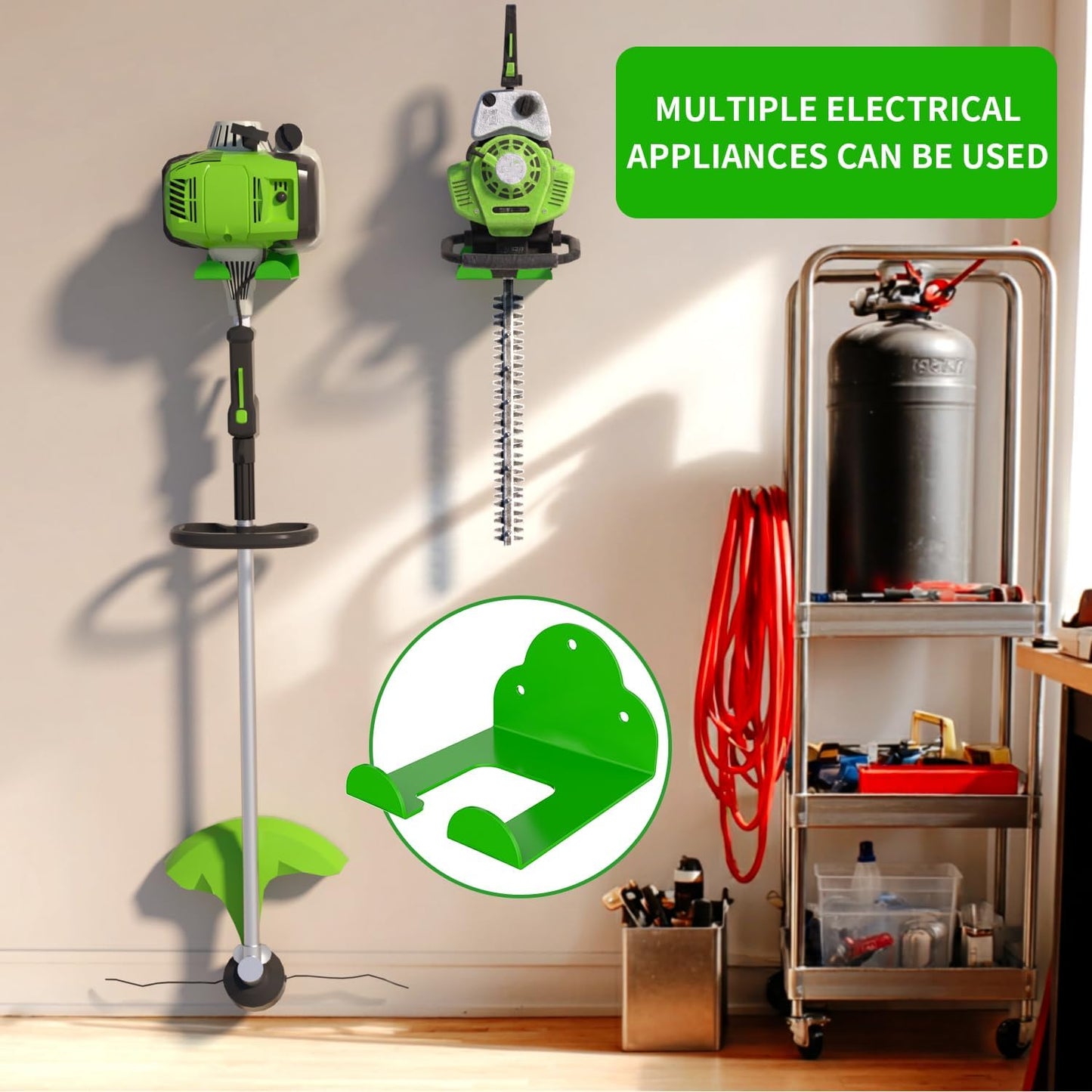 Trimmer Rack Wall Mount, Heavy Duty Weed Eater Hanger for Grass Trimmer, Hedge Trimmer, Leaf Blower, Chainsaw, Garage Organizer Tool Holder with 6.2" Hook for Garage Storage Shed Organization, Green