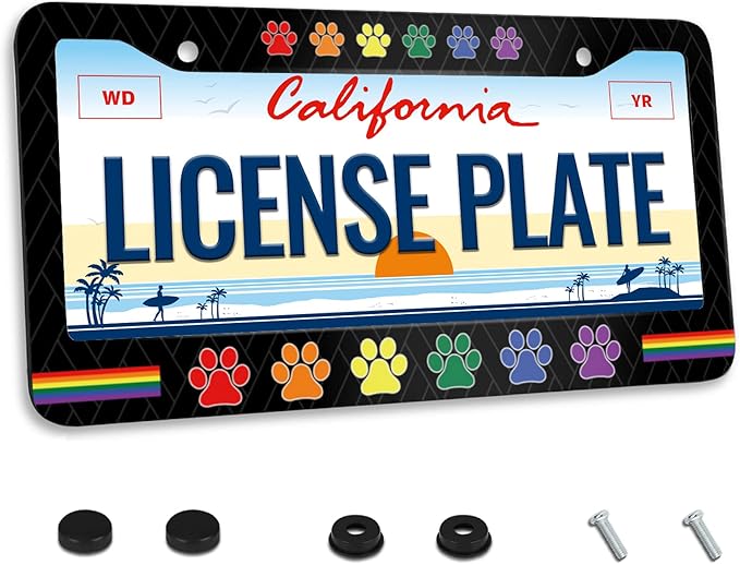 Gay Rainbow Paw Print License Plate Frame Pride for Car Decorative Parts Stainless Steel License Plate for Standard Us Canada License Plate Holder 12x6 Inch