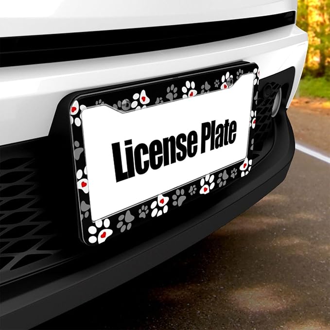 Paw Print License Plate Frame - 1 Pack Personalized Black Love Dog Paw License Plate Holder Aluminum Metal Car Tag Cover with 2 Holes Customized Decorative for US Vehicle Standard for Women Men