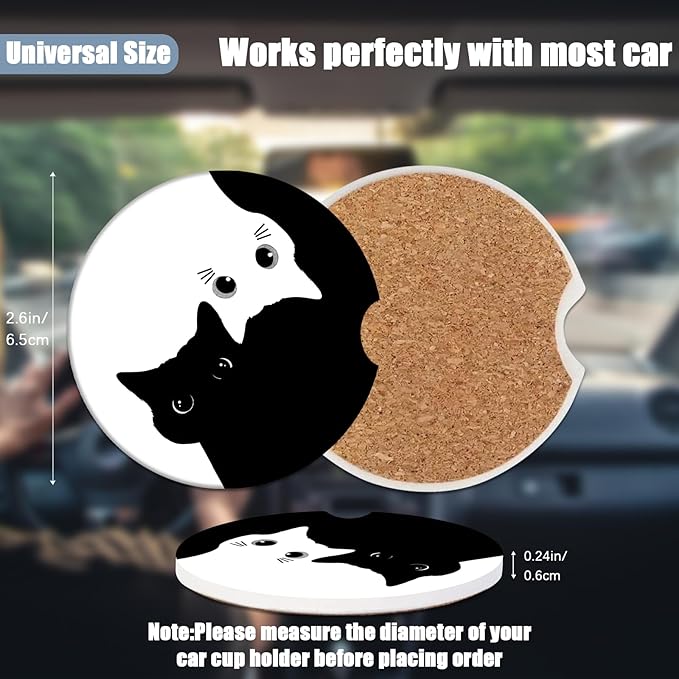 Car Cup Holder Coaster -Black White Cat Absorbent Ceramic Coaster, Car Coasters for Cup Holders, Auto Accessories for Women & Men, Pack of 2