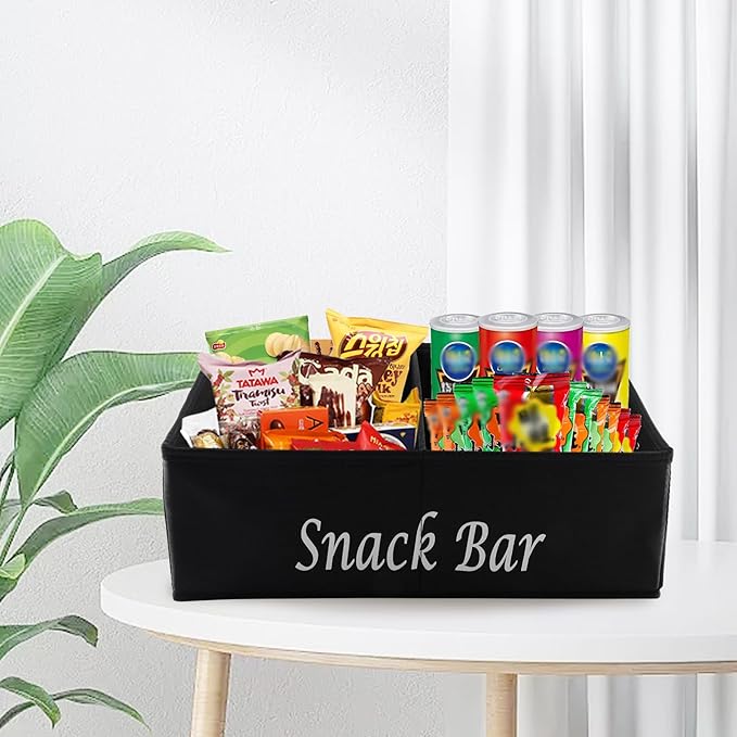 Snack Organizer for Countertop, Fabric Snack Basket with Handles, 2 Large Compartment Snack Container Bin Holder, Snack Bar Station Decor, Kitchen Pantry Organizer and Storage, Black