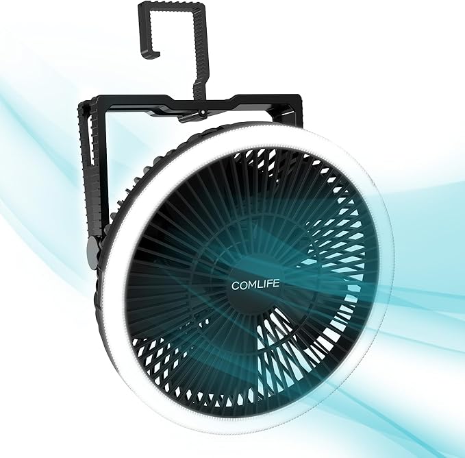 8-Inch Portable Camping Fan with LED Lantern, 10000mAh Rechargeable Battery Operated Tent Fan, 3 Speeds Table Fan with Light & Hook for Camping RV Travel Jobsite Hurricane Power Outage