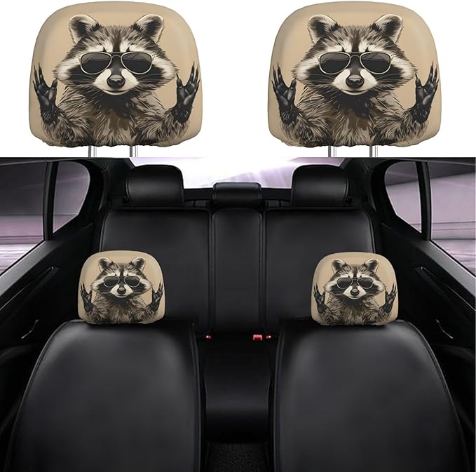 Dujiea 2 Pack Funny Raccoon Car Headrest Covers, Universal Soft Car Seat Head Rest Cover Protector, Vehicle Accessories Fabric Headrest Cover for Cars Vans Trucks