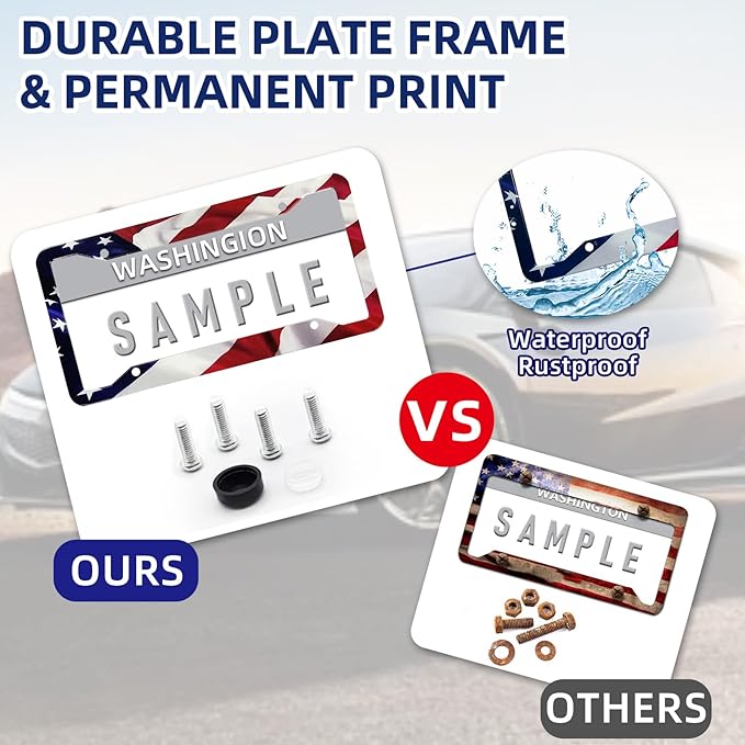 LIN KANG American Flag License Plate Frame Holder - 2 Pack Universal Aluminum Matte Stripe US Flag Gloss Patriotic Car Plate Frame Covers with Free Screws Fasteners Caps