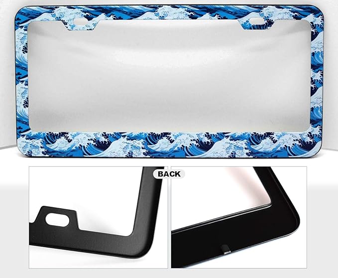 1pcs Blue Ocean Wave License Plate Frame for Women, Sea Wave Car Tag Frames Girly for Vehicle with Non Adhesive Electrostatic Sticker