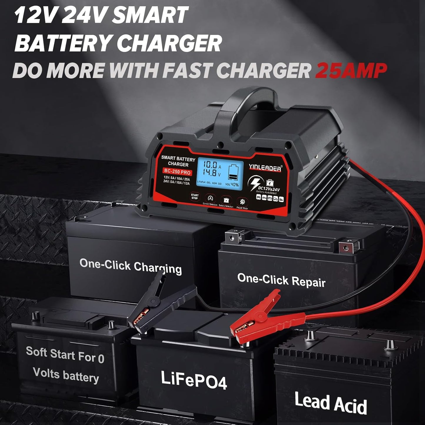 Battery Charger 25A, 12V/24V Lead Acid Smart Battery Charger, 12V LiFePO4 Car Battery Trickle Charger, Automatic Battery Maintainer for Car Motorcycle Lawn Mower Marine Boat Lead Acid Batteries