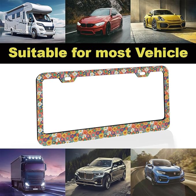 2pcs Colorful Smiling Floral License Plate Frame for Women, Funny Smile Flowers car Decorative tag Frames Girly, Funny Smiley Floral License Plate Cover Holder for Vehicle with car Keychain tag