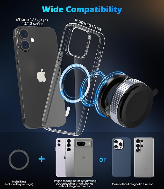 Car Phone Mount Holder for Magsafe, 360° Adjustable Magnetic Phone Holder Foldable Suction Cup Phone Mount for Car/Gym/Mirror Mount for iPhone/Android, Black
