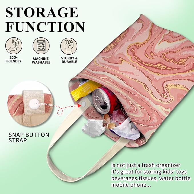 Car Trash Can, Cute Car Trash Bag, Hanging Car Organizer and Storage Bag, Trash Bin for Car Accessories, Vehicle, Travelling, Camping Luxury Pink Gold Marble