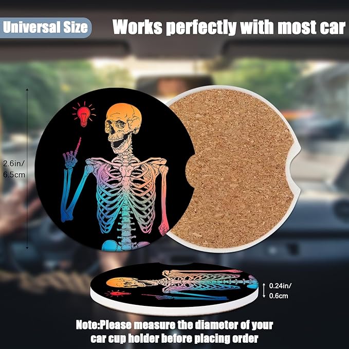 Car Cup Holder Coaster - Colorful Funny Skull Absorbent Ceramic Coaster 2 Pack, Car Coasters for Cup Holders, Fashion Car Interior Accessories Drink Coaster for Women & Men