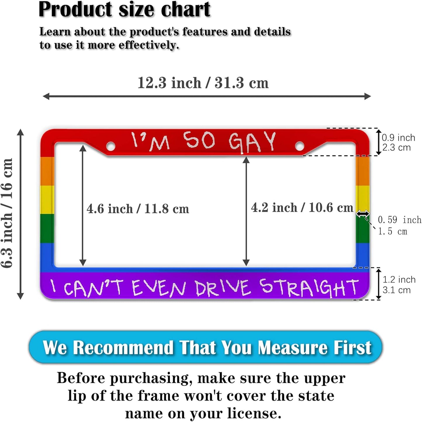 License Plate Frames Rainbow Automotive Exterior Accessories I'm So Gay I Can’t Even Drive Straight Aluminum Metal Car Accessory 2 Pack with Screw Covers Set
