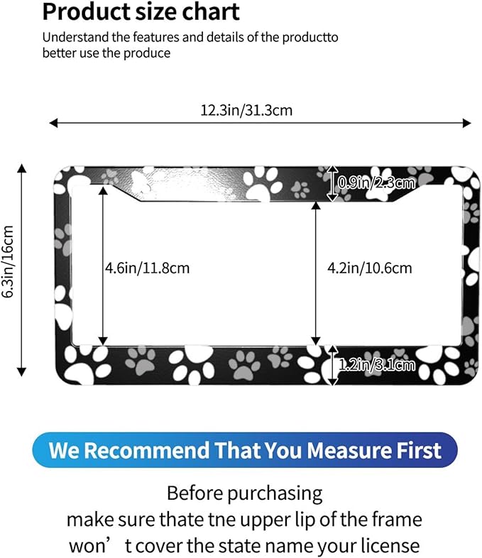 Paw Print License Plate Frame - 1 Pcs Personalized Black White Dog Paw Design License Plate Covers Aluminum Metal Novelty Auto Car Tag Holder with 2 Holes Equipped with Screws