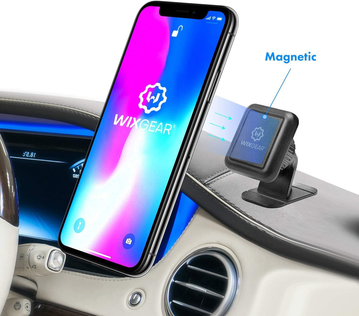 WixGear Magnetic Phone Mount, Universal Stick On Dashboard Magnetic Car Mount Holder, for Cell Phones with Fast Swift-snap Technology