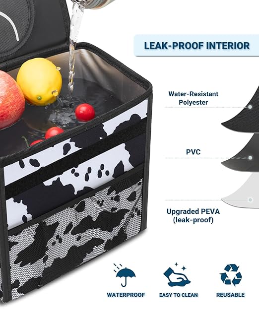 Capolo Car Trash Can with Lid, Leakproof Car Trash Bag Hanging Waterproof Automotive Garbage Can with Storage Pockets Mini Vehicle Trash Bin for Back/Front Seat(Cow Print,2.5 Gallon)