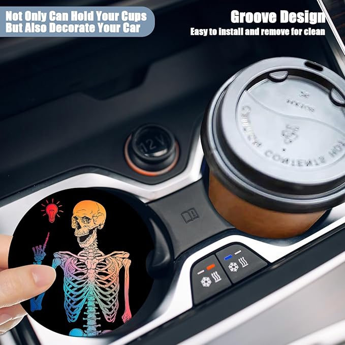 Car Cup Holder Coaster - Colorful Funny Skull Absorbent Ceramic Coaster 2 Pack, Car Coasters for Cup Holders, Fashion Car Interior Accessories Drink Coaster for Women & Men